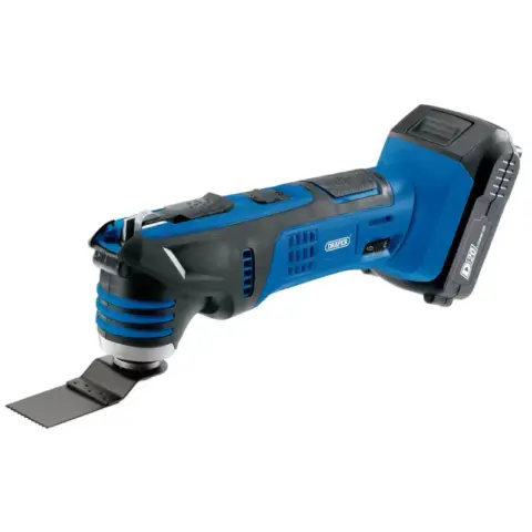 Een zwart met blauwe oscillerende multitool met accu voeding.