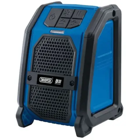 Een blauw met zwarte bluetooth speaker met accu voeding